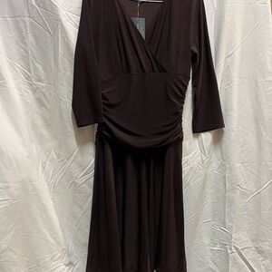 REKUCCI Elegant Brown Midi Wrap Dress with Ruched Waist